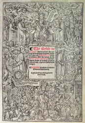 Titelsida som introducerar engelsk översättning av den stora bibeln, översatt från hebreiska och grekiska texter och tryckt av Richard Grafton och Edward Whitchurch, ca 1539 (träsnitt)